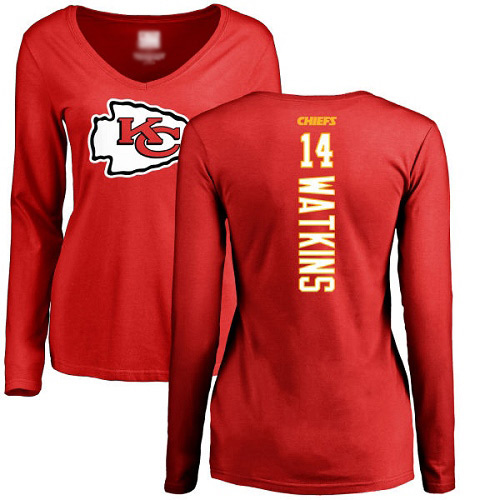 Women Football Kansas City Chiefs #14 Watkins Sammy Red Backer Slim Fit Long Sleeve T-Shirt->nfl t-shirts->Sports Accessory